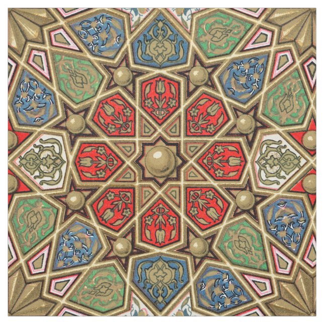 Röd Grönt Blue Faux Guld Arabiska Art Mönster Tyg (Provkarta)