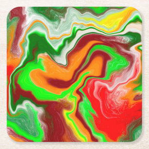 Röd, Grönt, Burgundy Colorful Marble Fluid Art Underlägg Papper Kvadrat