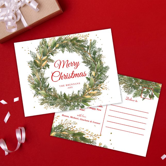 Röd Grönt Elegant Juldagen Utandning botaniskt Helg Vykort (Red Green Elegant Christmas Wreath Botanical Holiday Postcard)