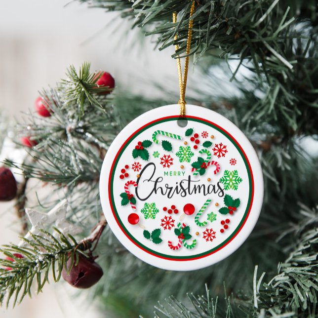 Röd Grönt God jul Utandningsrunda Julgransprydnad Keramik (Skapare uppladdad)