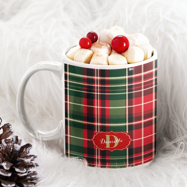 Röd Grönt Jul Festive Play Monogram Helgdag Kaffemugg (Red Green Christmas Festive Plaid Monogram Holiday Coffee Mug)