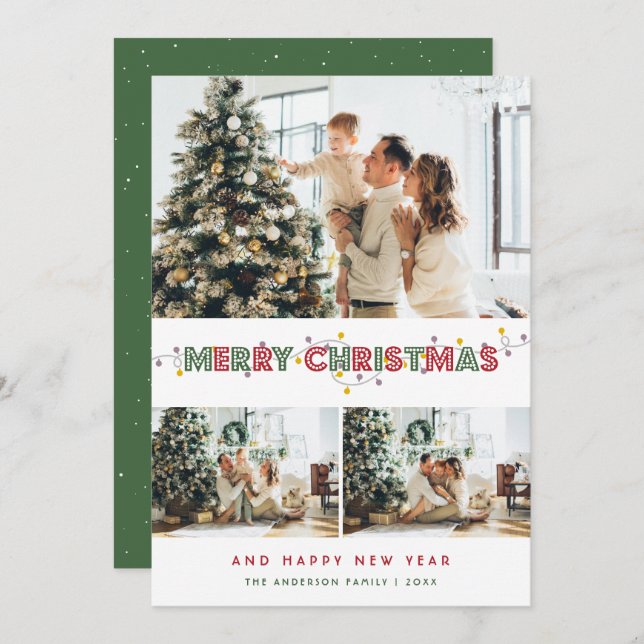 Röd Grönt Jul Ljus 3 Photo Collage Julkort (Fram/baksida)