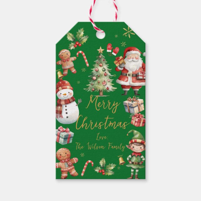 Röd Grönt Jultomten Elf Snögubbe Gingerbröd Presentetikett (Framsidan)