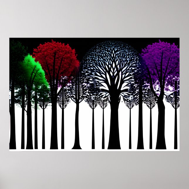 Röd Grönt Lila Stänk i Svarta och vita skogarna Poster (Framsidan)
