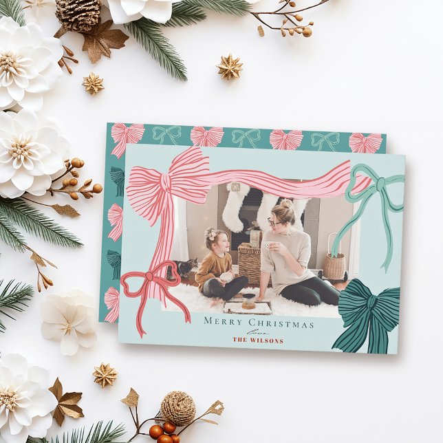 Röd Grönt med Coquette-Core Bows Grönt-julfoto Julkort (Skapare uppladdad)