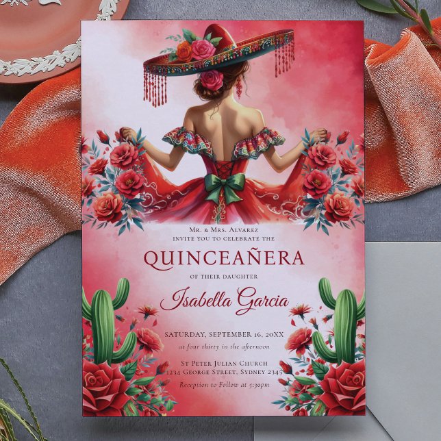 Röd Grönt Mexikanska Stil Quinceañera Inbjudningar (Skapare uppladdad)