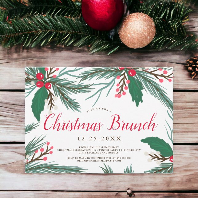 Röd grönt mistletoe vattenfärgsbrunch inbjudningar (Red green mistletoe watercolor Christmas brunch Invitation)