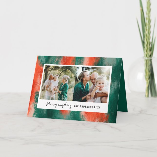 Röd + grönt modern abstrakt målad helgdag helgkort (Framsida)