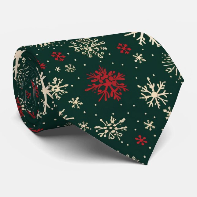 röd grönt mönster jul snöflingor slips (Rullad)