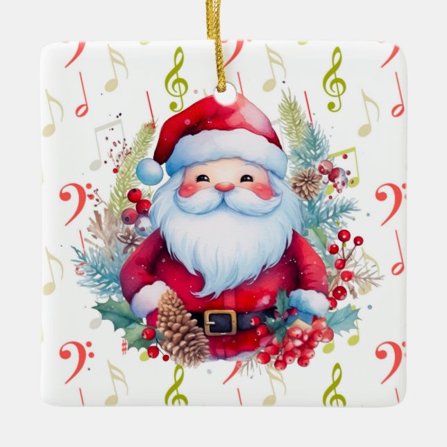 Röd Grönt Musik noter och Jultomten Julgransprydnad Keramik (Framsida)