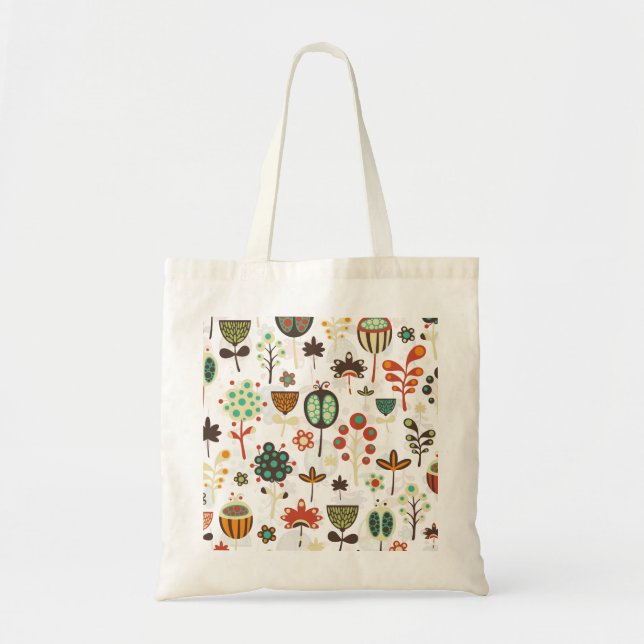 Röd Grönt och bruna Retro Flowers Tygkasse (Framsidan)