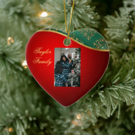 Röd, Grönt och Guld keramiskt hjärtfoto Ornament