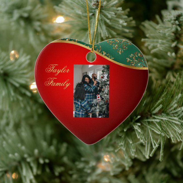 Röd, Grönt och Guld keramiskt hjärtfoto Ornament (Träd)