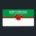 Röd Grönt och vit juletikett Fraktsedel<br><div class="desc">Ett festivt rött och grönt överst gräns har en stor röd båge med holly. God jul är skrivet i ett fet vitt teckensnitt och returadressen är nedanför. Festive helgdag-etiketten kommer att få paket att framträda när det kommer. Enkel att anpassa all text.</div>