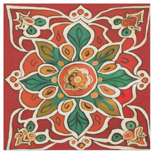 Röd Grönt Orange Gult Azulejos Blommönster Tyg