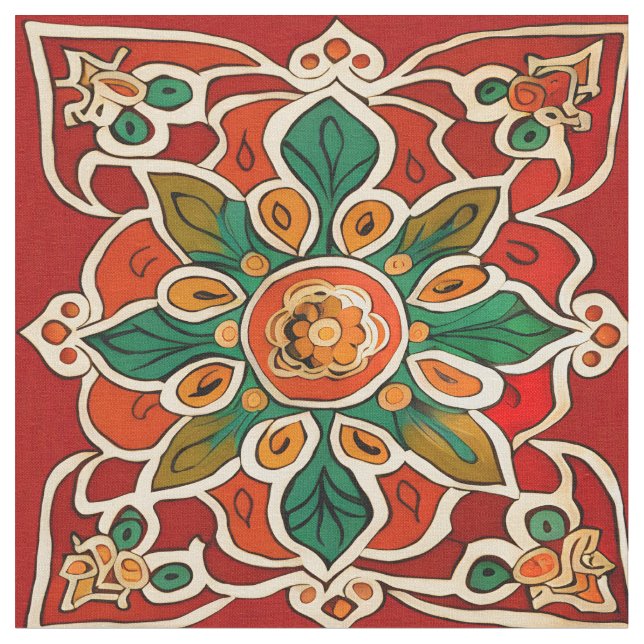 Röd Grönt Orange Gult Azulejos Blommönster Tyg (Närbild)