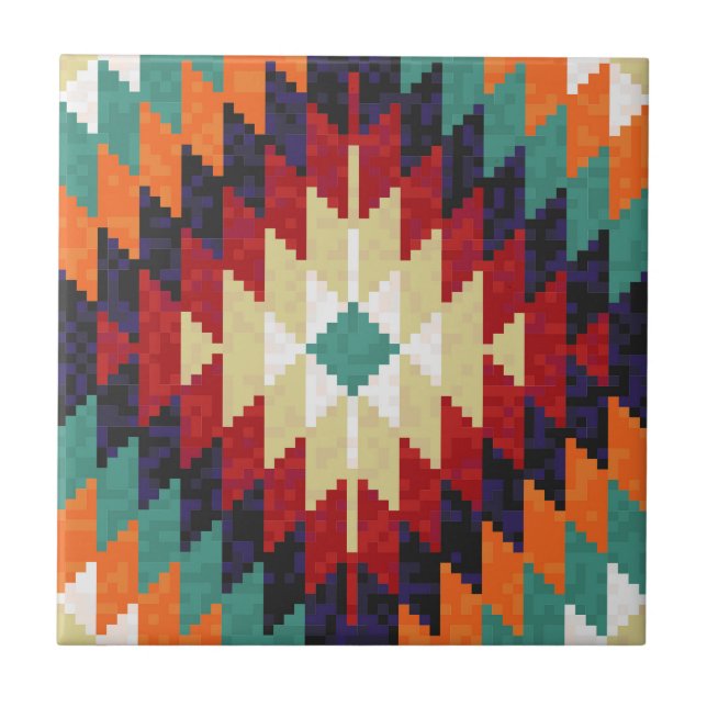 Röd Grönt Orange Gult Black White Oriental Kilim Kakelplatta (Framsidan)