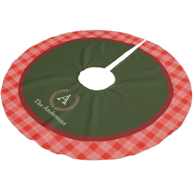 Röd Grönt Plaid Monogram Family Namn Julgransmatta Borstad Polyester (Vinklad)