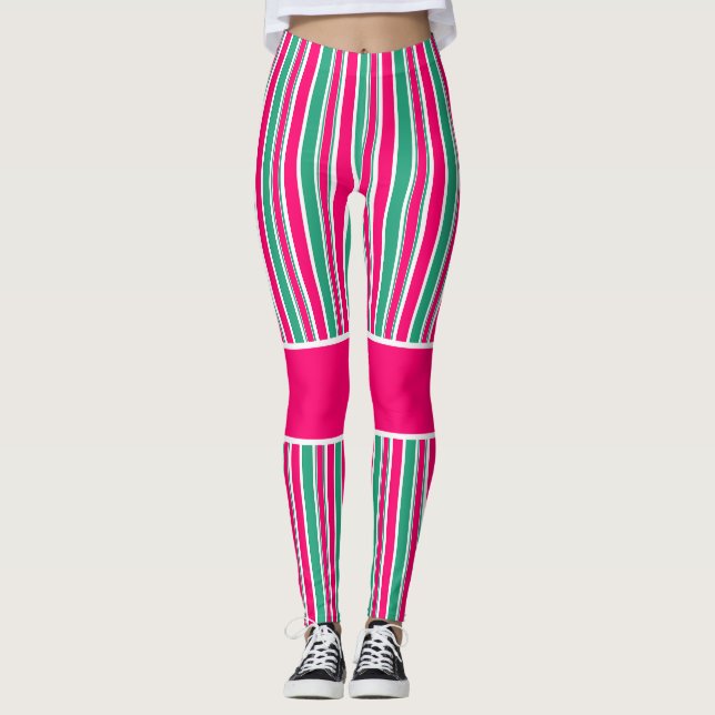 Röd-grönt stripe vågrät mönster leggings (Framsida)
