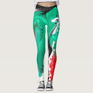 Röd, Grönt, svart och vit marmorfluid Art Leggings