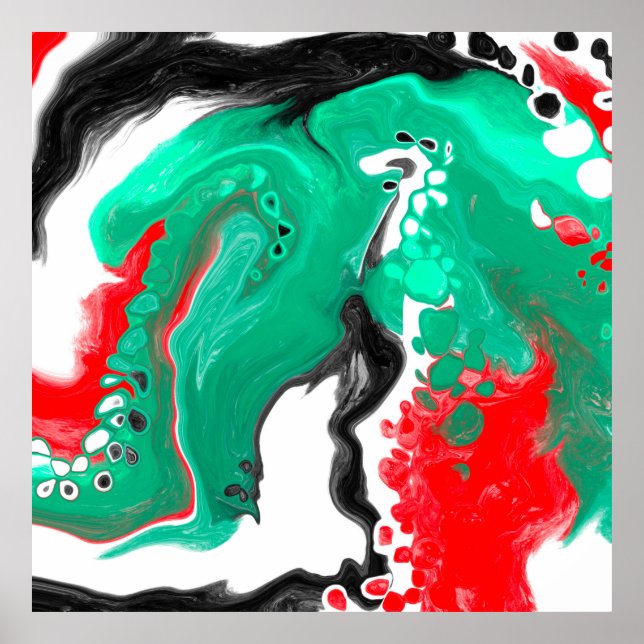 Röd, Grönt, svart och vit marmorfluid Art Poster (Framsidan)