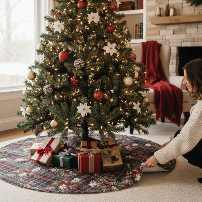 Röd Grönt Tartan Blommigt - jul Julgransmatta Borstad Polyester (Skapare uppladdad)