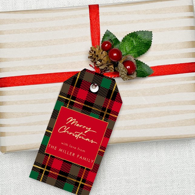 Röd Grönt Tartan Pput Minimal Elegant Presentetikett (Red Green Tartan Plaid Minimal Elegant Gift Tags)