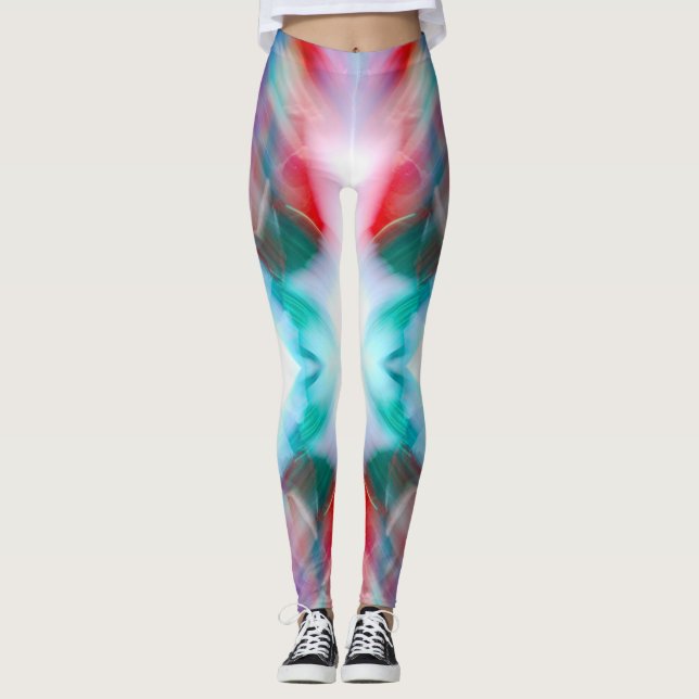 Röd grönt tealj, vit bokeh streaks abstrakt foto leggings (Framsida)