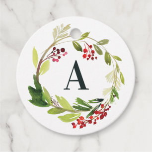 Röd + grönt vattenfärgad blad, första jul gåvor etiketter