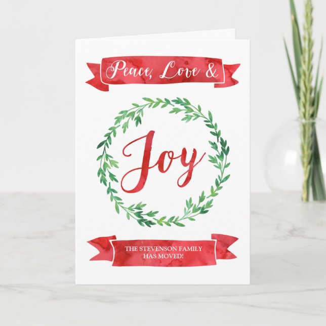 Röd Grönt Vattenfärgning Ny adress andningsjul Helgkort (Framsida)