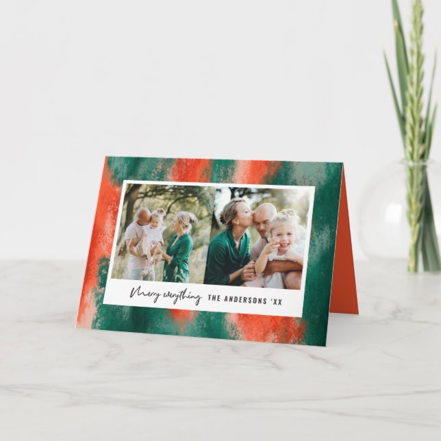 Röd + gröntens moderna abstrakt målade helgdag helgkort (Framsida)