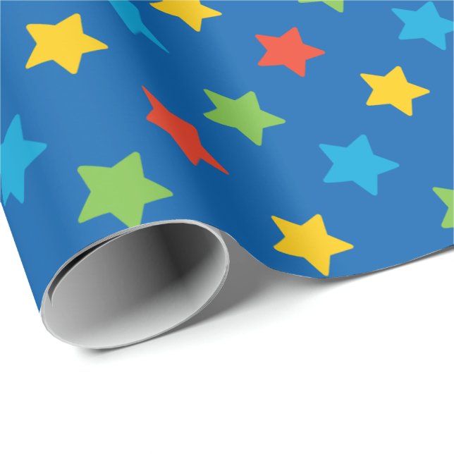 Röd, gröntgult och blåttstjärnamönster presentpapper (Rullad Hörn)