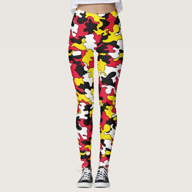 Röd & gul Camo damasker Leggings (Framsida)