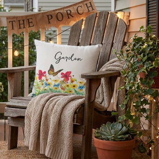 Röd gul och blå blomster med fjäril  kudde