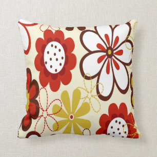 Röd, gul och brun blommadekorativ kudde