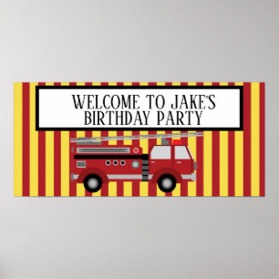 Röd gul randig brandbil födelsedagsfest banner poster