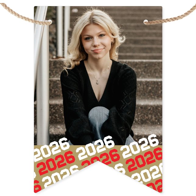 Röd & Guld 16 Foto Examen Hängande Banner Vimplar (Red and Gold Repeating Class Year 16 Photo Hanging Graduation Picture Banner)