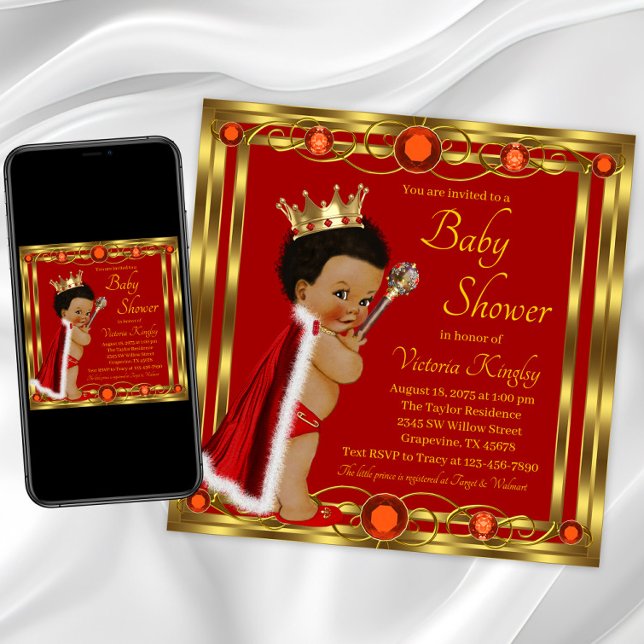 Röd Guld Afro Prins Baby Shower Inbjudningar (Red gold prince baby shower invitation. Instant download and printed invitations available. )