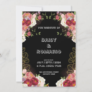 Röd Guld Akvarell Blommig Inbjudan