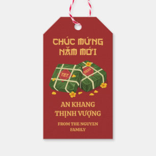 Röd & Guld Banh Chung Ochna Vietnamesiska Tet 2026 Presentetikett