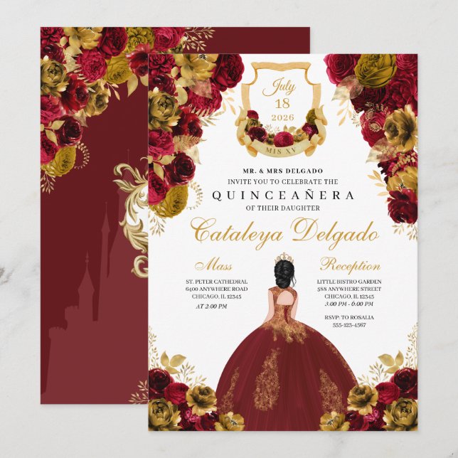 Röd & Guld Blommig Elegant Quinceañera Inbjudningar (Fram/baksida)