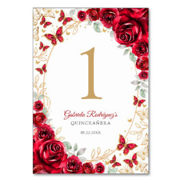 Röd Guld Blommig Quinceanera Bordsnummer