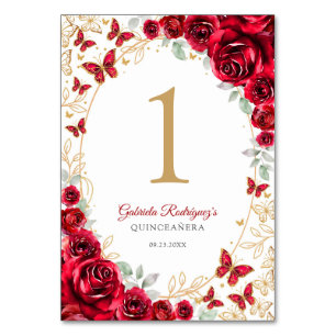 Röd Guld Blommig Quinceanera Bordsnummer