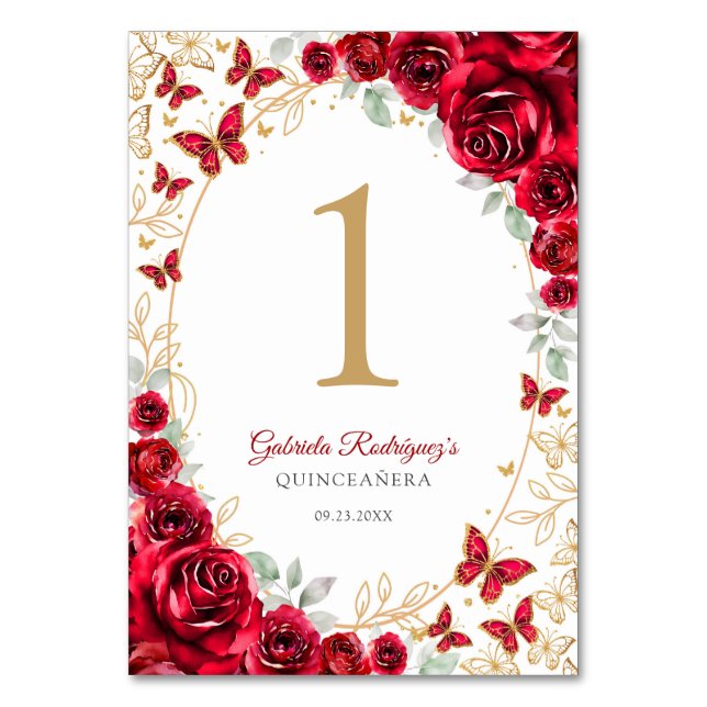Röd Guld Blommig Quinceanera Bordsnummer (Framsidan)
