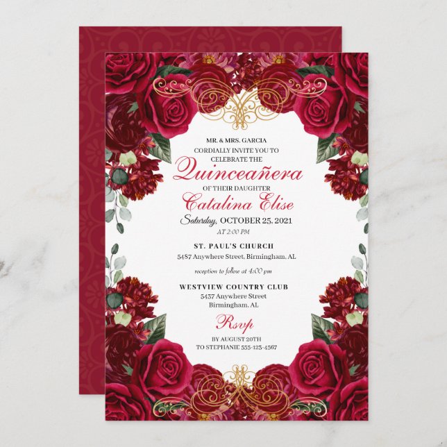 Röd & Guld Blommig Quinceanera Födelsedagsinbjudan Inbjudningar (Fram/baksida)