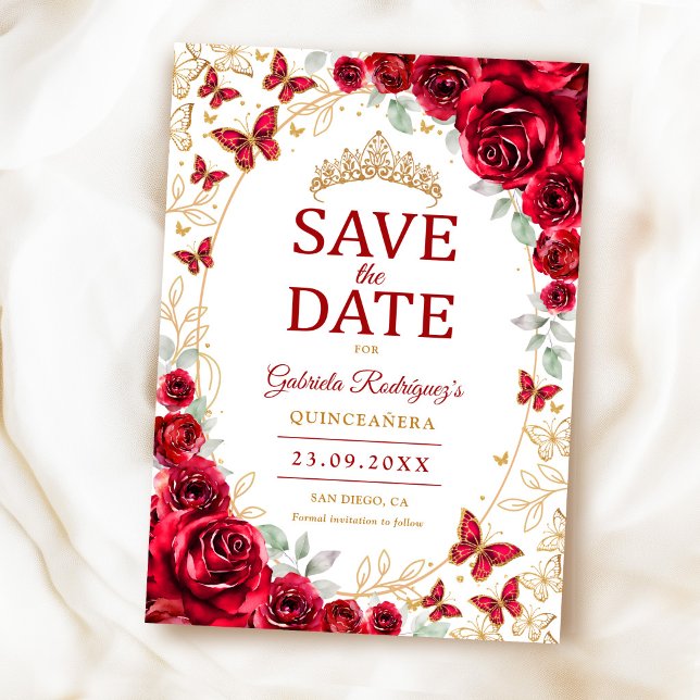 Röd Guld Blommig Quinceanera Spara Datumet (Skapare uppladdad)