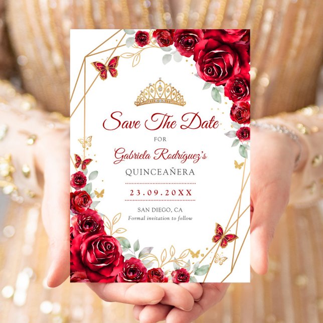 Röd Guld Blommig Quinceanera Spara Datumet (Skapare uppladdad)