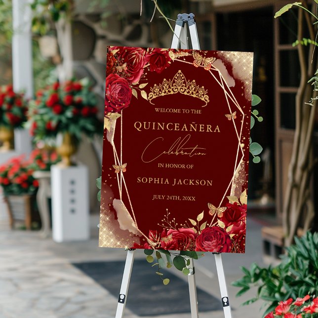 Röd Guld Blommig Ros Quinceanera Skylt Välkommen (Skapare uppladdad)