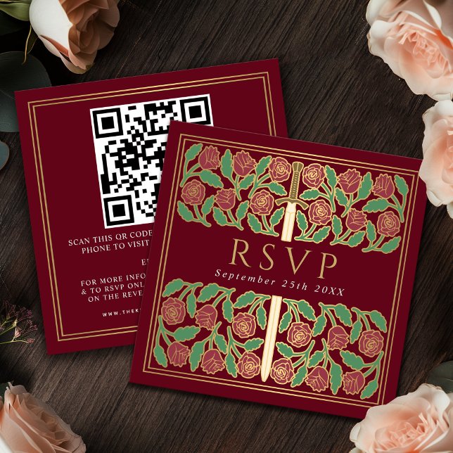 Röd Guld Blommig Royal Bröllop RSVP QR-kod  Tilläggskort (Skapare uppladdad)