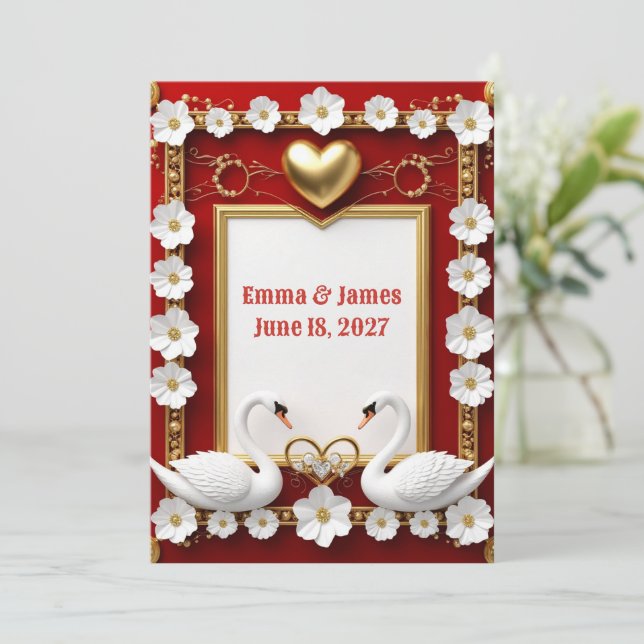 🌹 Röd Guld Blommig Svan Bröllopsdekoration 🦢 Inbjudningar (Stående Fram)